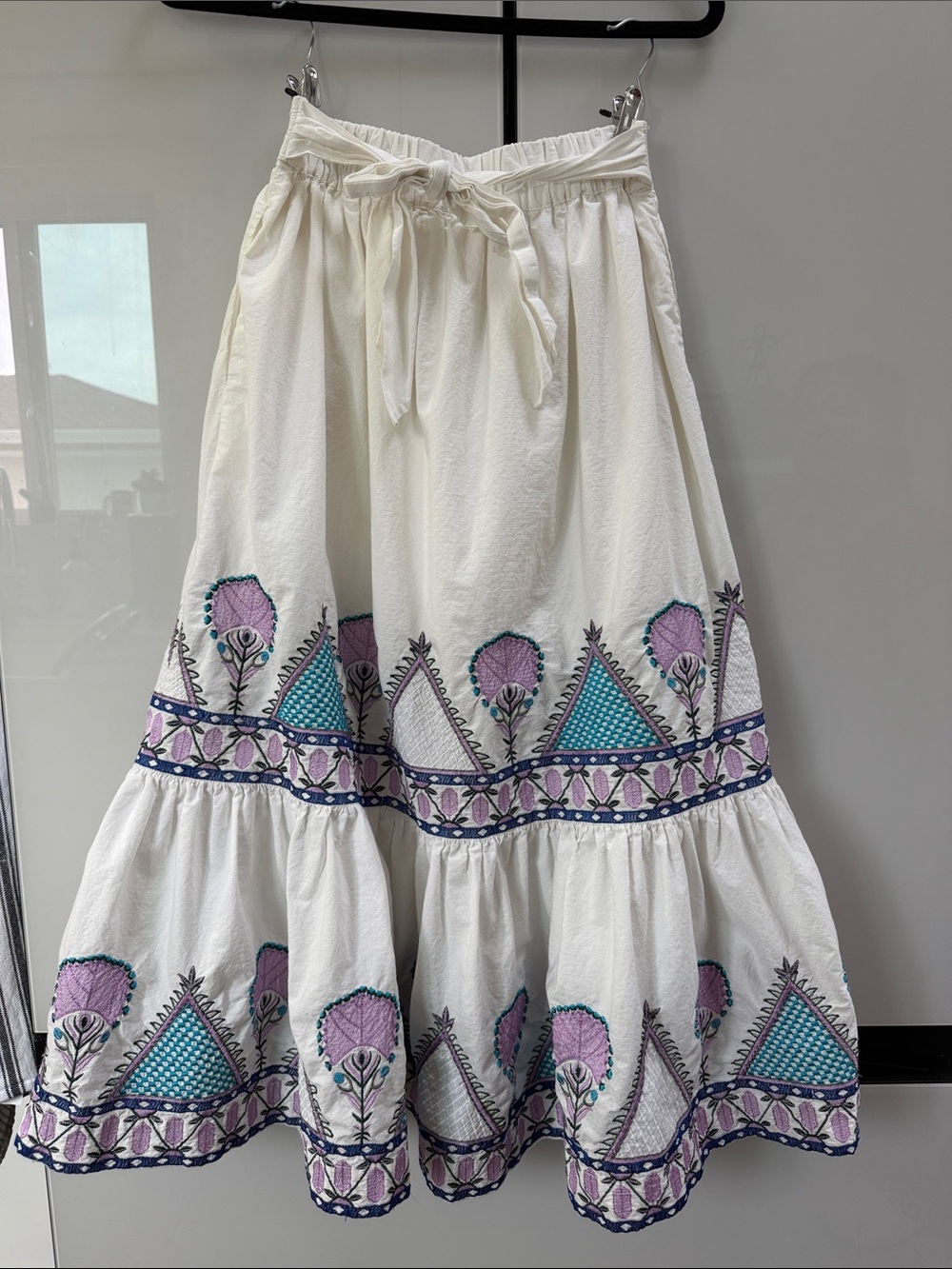 Anthropology White Embroidered Tiered Skirt with Purple & Teal Accents - Picture 6 of 7
